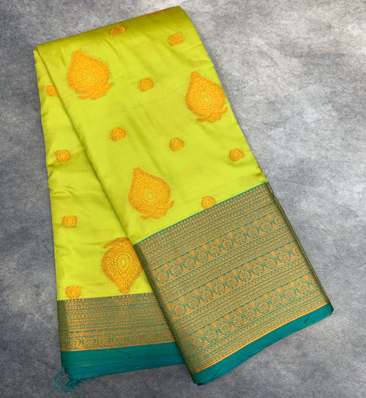 Soft Silk Casual Saree Apple Green Colour with Rama Green and Golden Colour Border