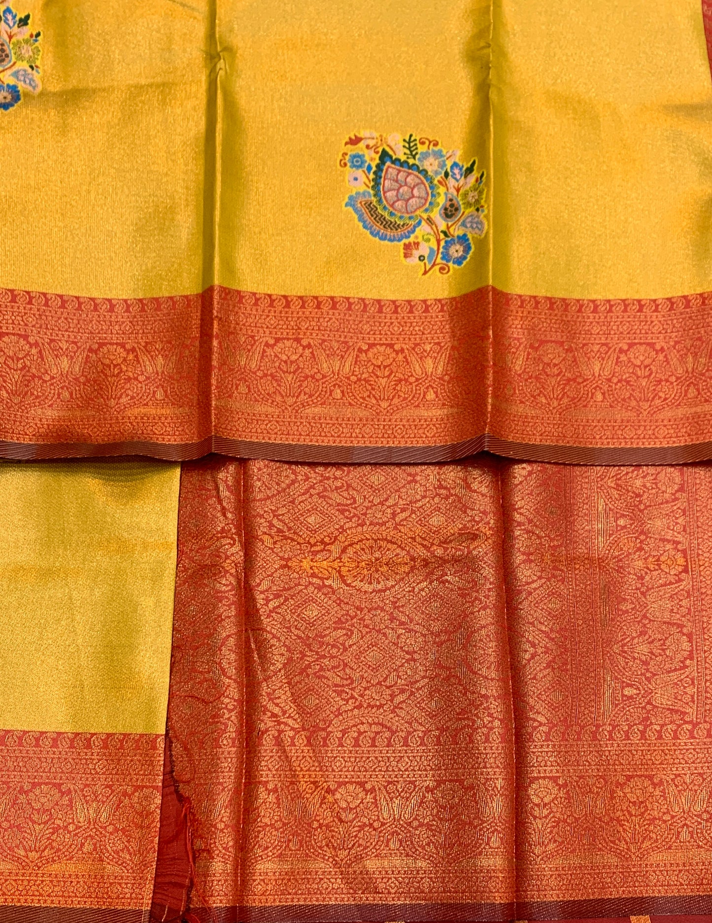 Fancy Tissue Saree Mustard Colour with Maroon Border