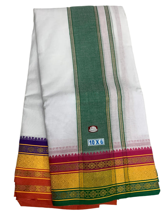 10X6 Cotton Dhoti White Colour with Yellow and Light Green,Pink Border