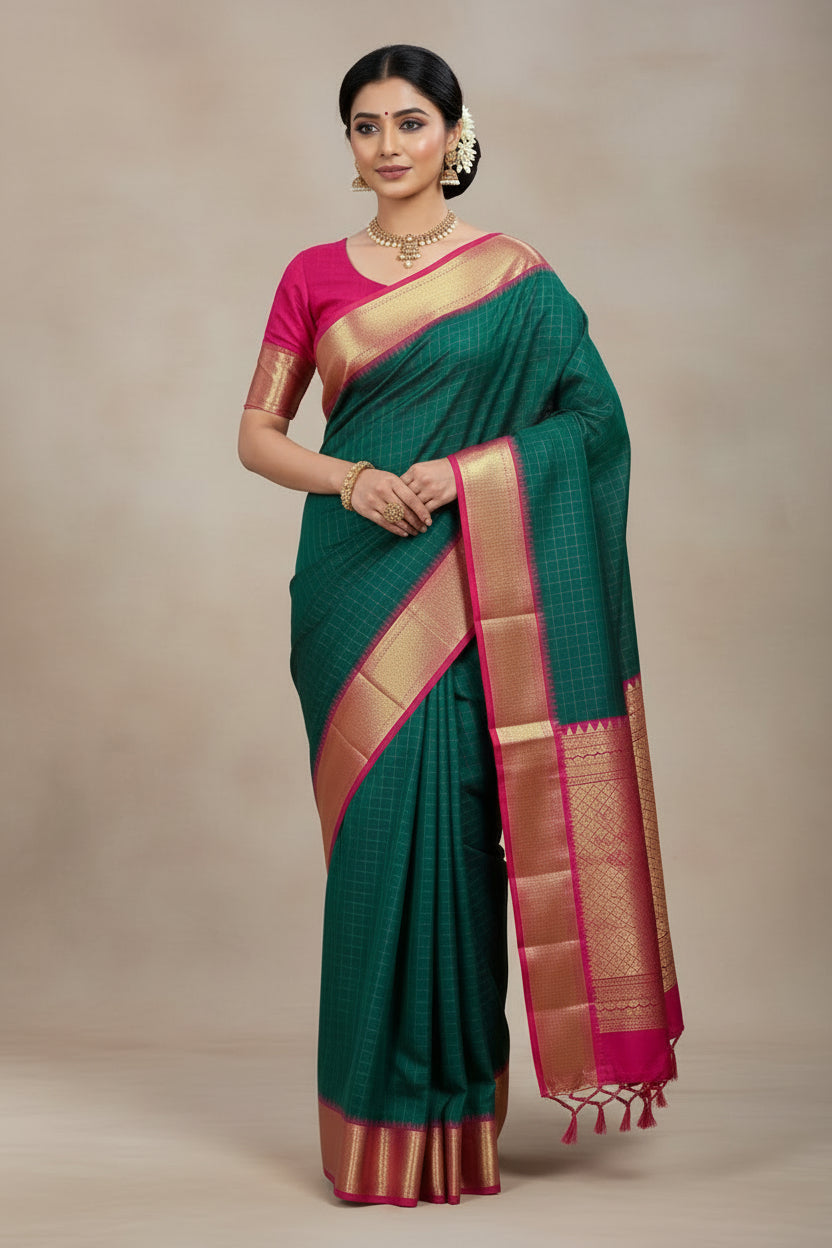 Pure Kanchipuram Silk Green Colour with Red and Golden Zari Border