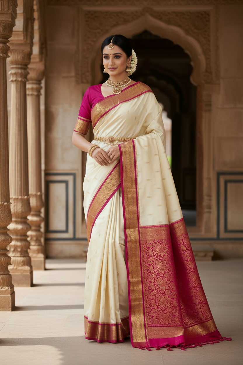 Pure Kanchipuram Silk Saree White Colour with Pink Border