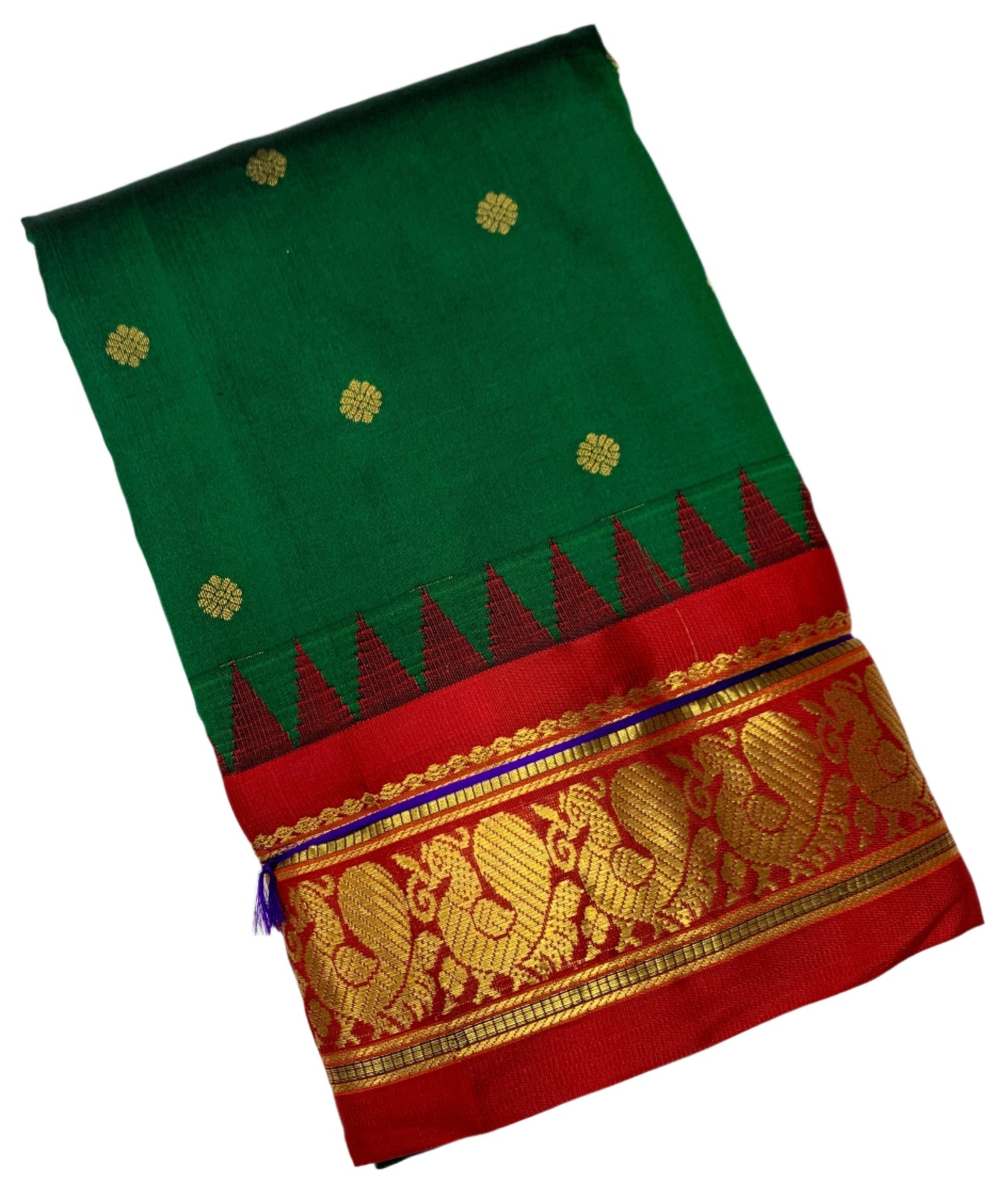 Pure Kanchipuram Silk Saree Green Colour with Contrast Red Annam Border