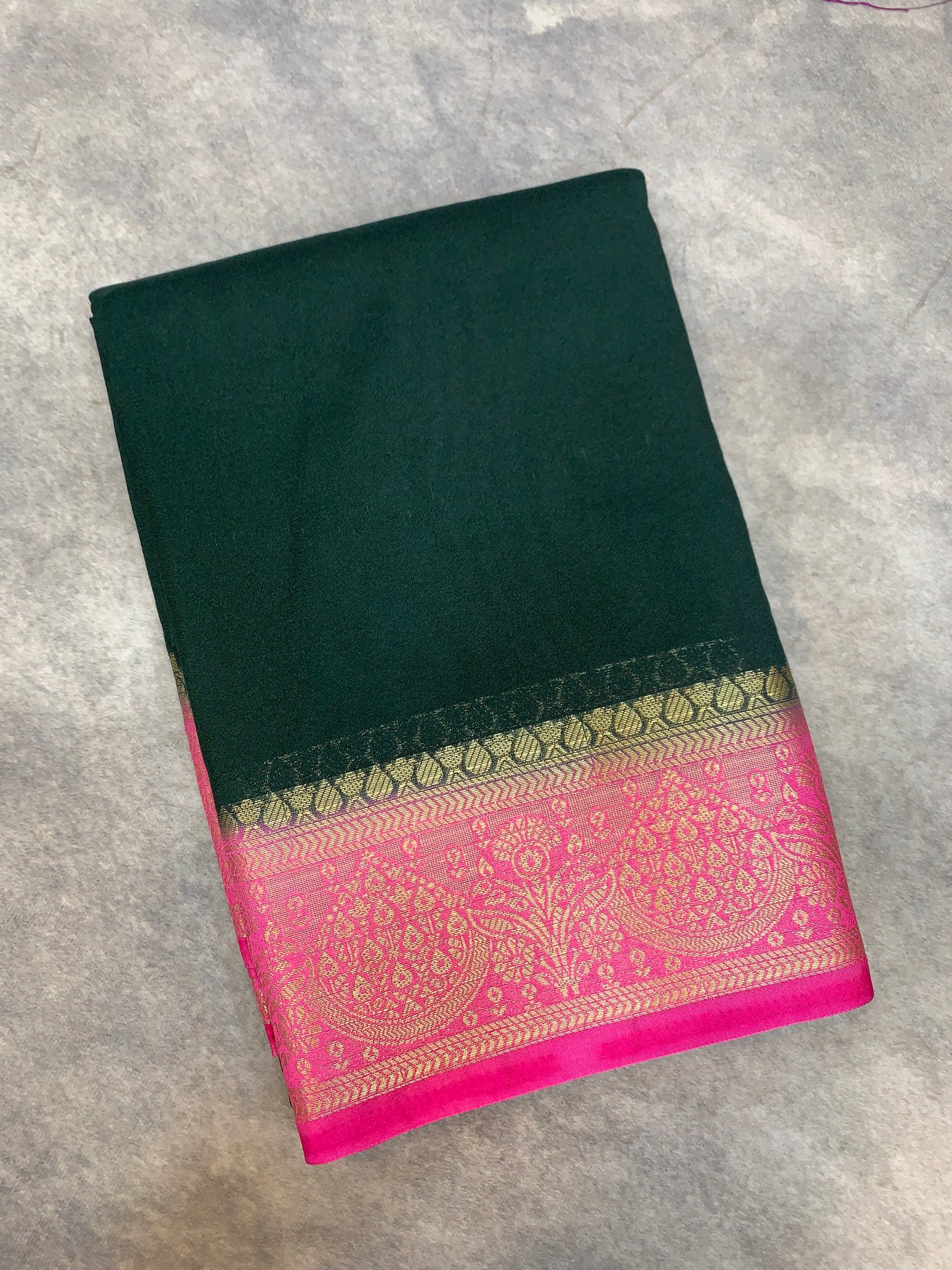 Crepe Saree Green Colour with Pink Border