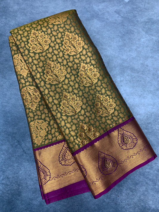 Vegan Silk Saree Olive Green Colour with Copper and Magenta Border