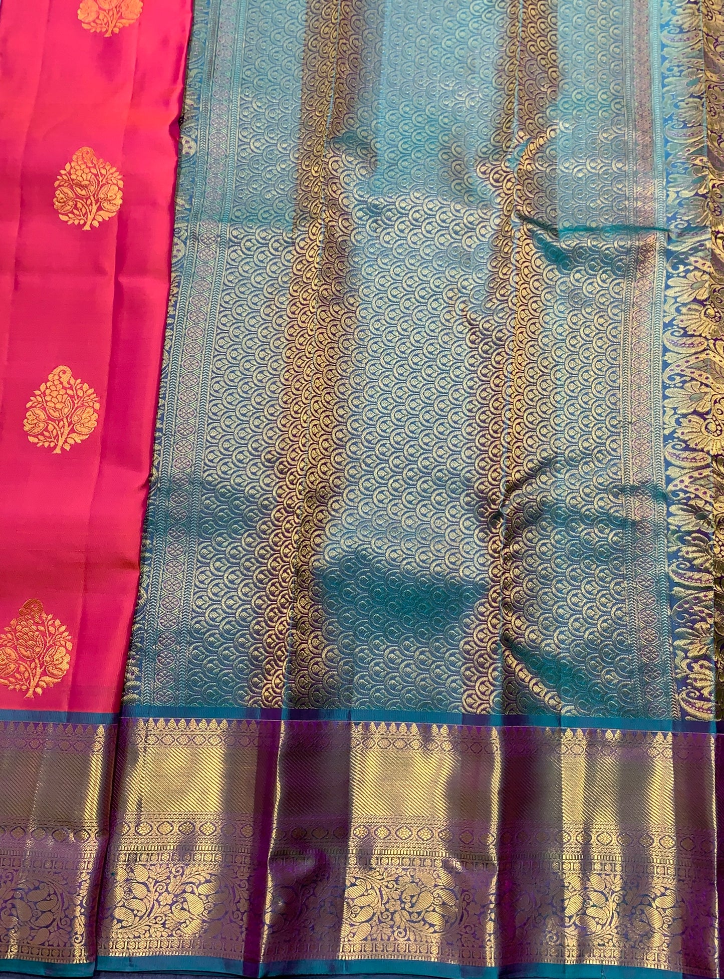 Pure Kanchipuram Silk Saree Neon Peach Colour with Rama Blue Border