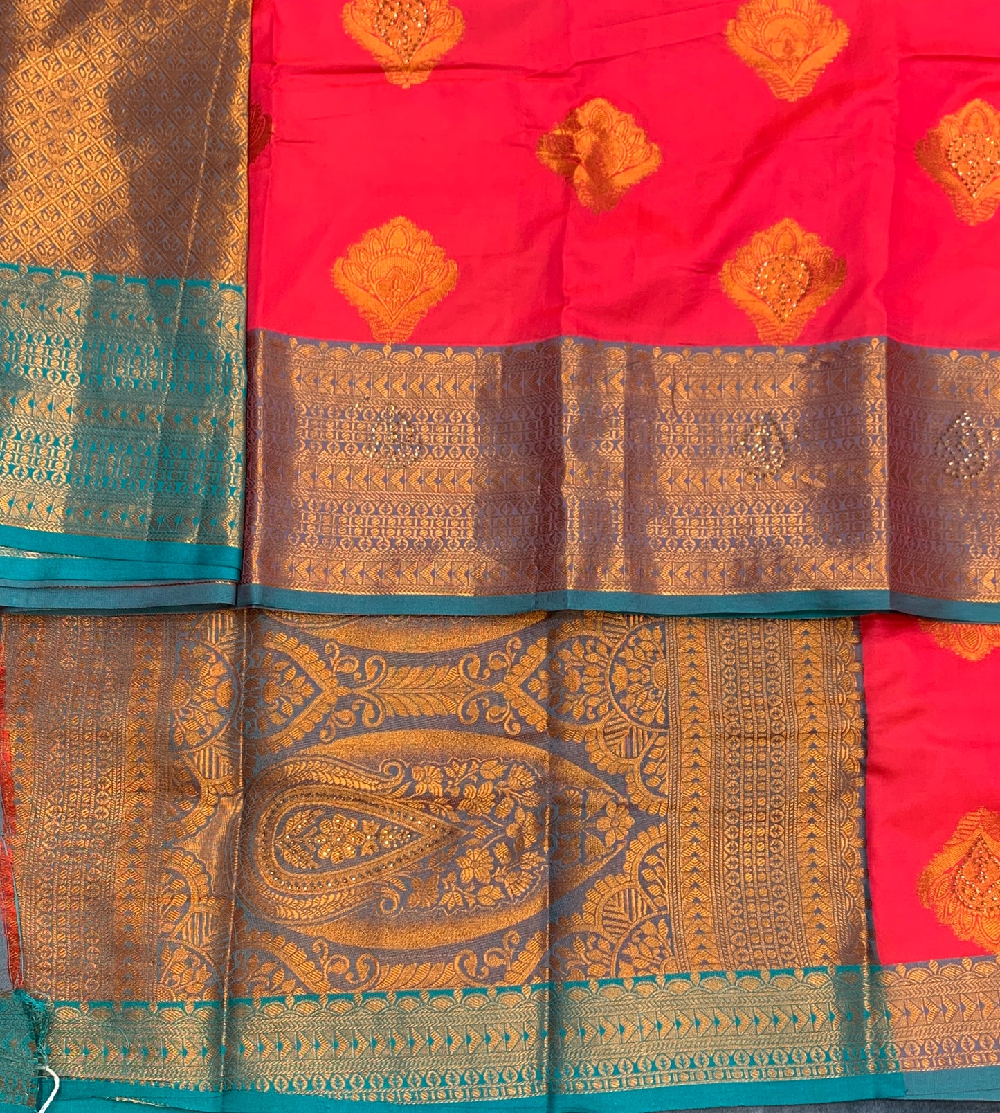Soft Silk Casual Saree Peach Pink Colour with Rama Green and Golden Colour Border
