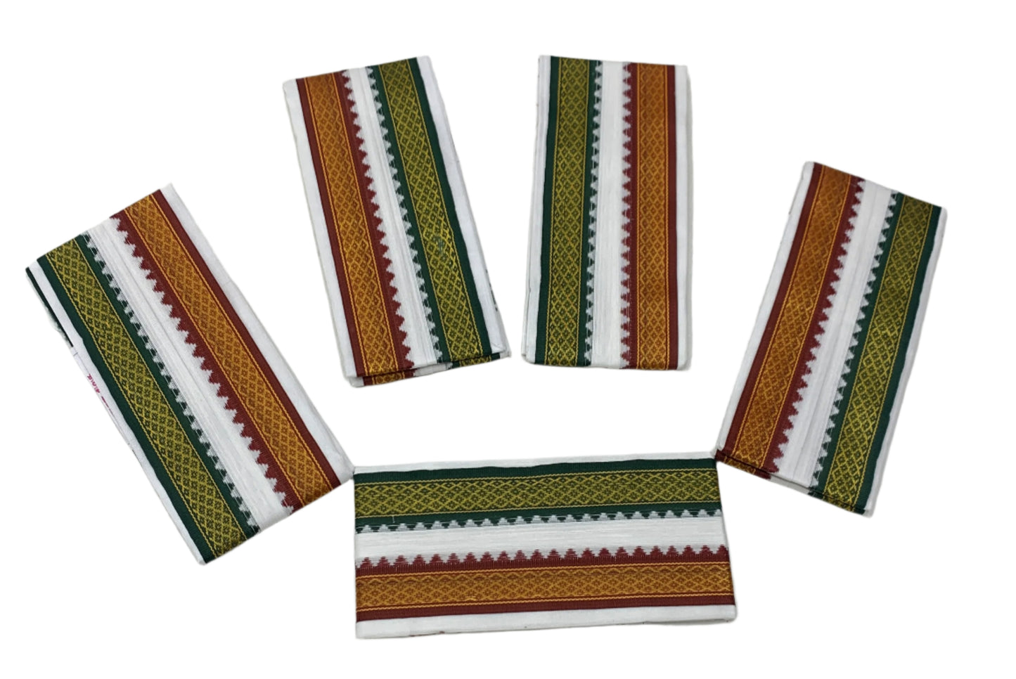 3 Mulam Cotton Pooja Towel White with Green and Maroon Border - Pack of 5