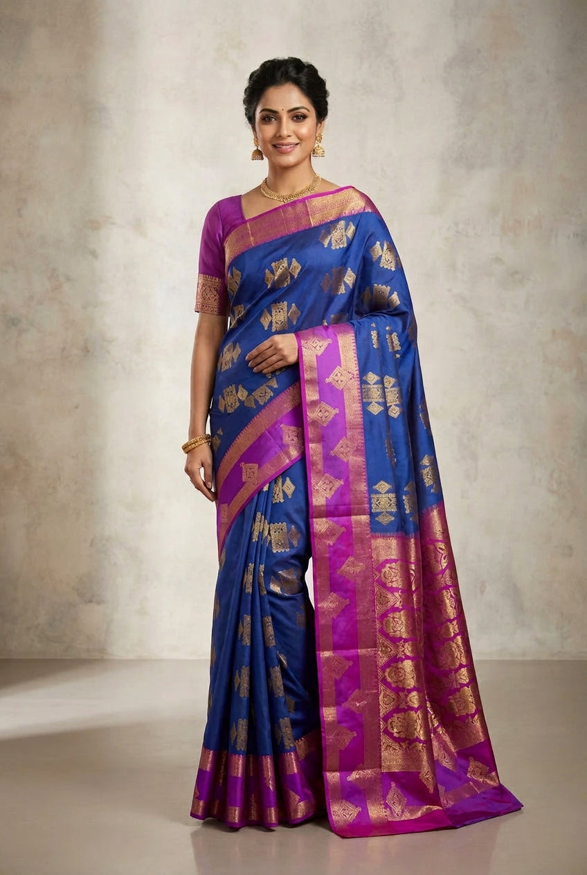 Soft Silk Casual Saree Light Blue with Rettai Pettu Magenta Colour Border