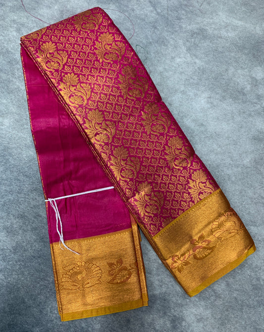 Vegan Silk Saree Pink Colour with Copper and Golden Yellow Border
