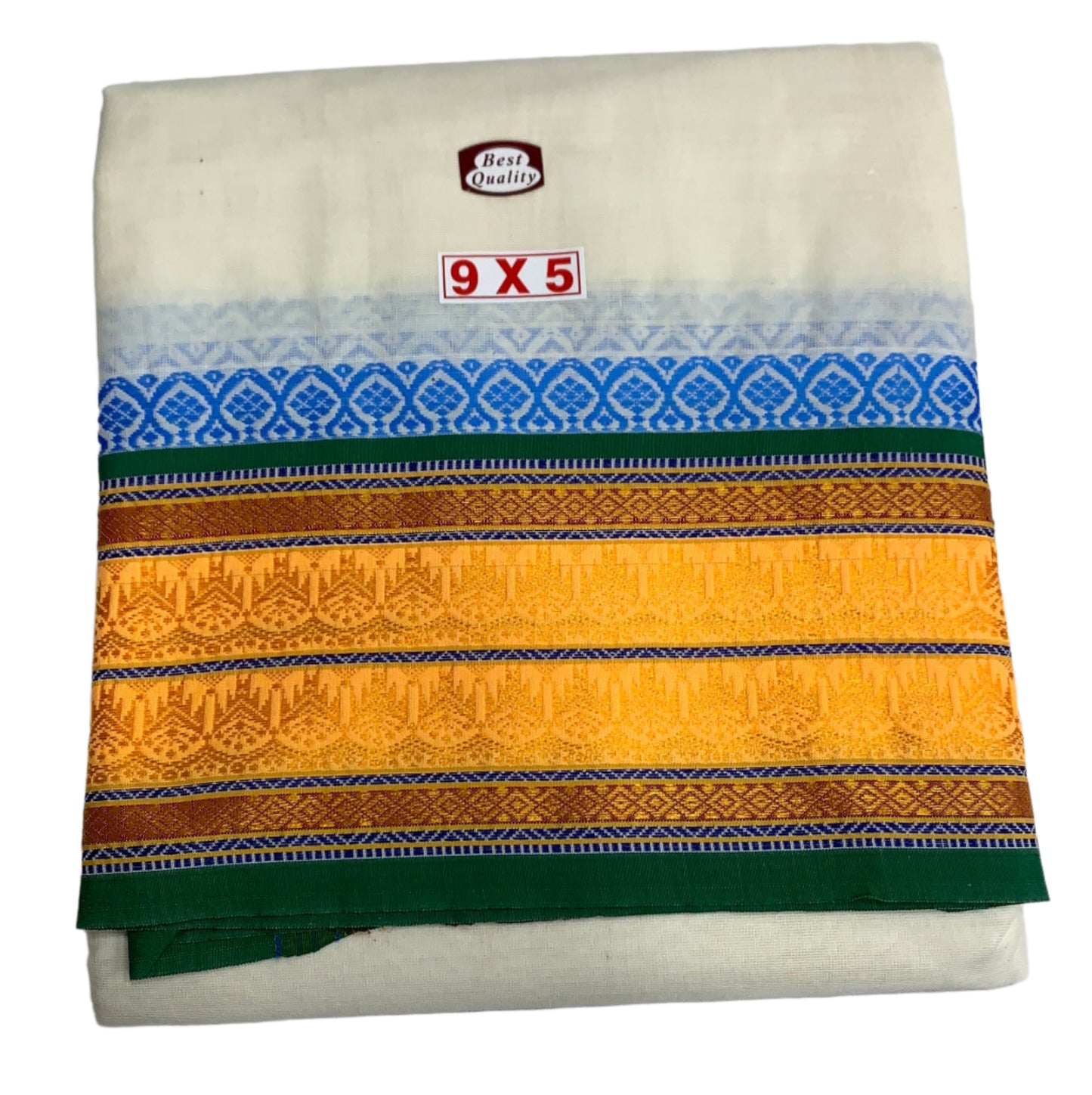 9X5 Cotton Unbleached Dhoti with Angavastram with Multi Colour Border