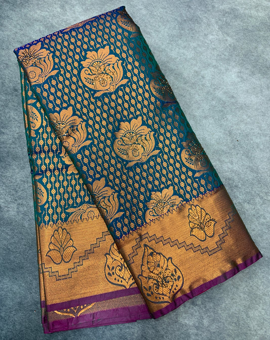 Vegan Silk Saree Rama Blue Colour with Copper and Magenta Border