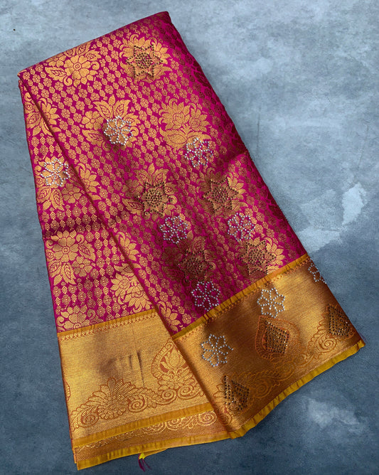 Vegan Silk Saree Pink Colour with Copper and Golden Yellow Border