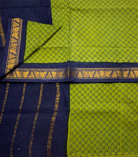 Chettinad Sungudi Cotton Olive Green Colour with Blue Border