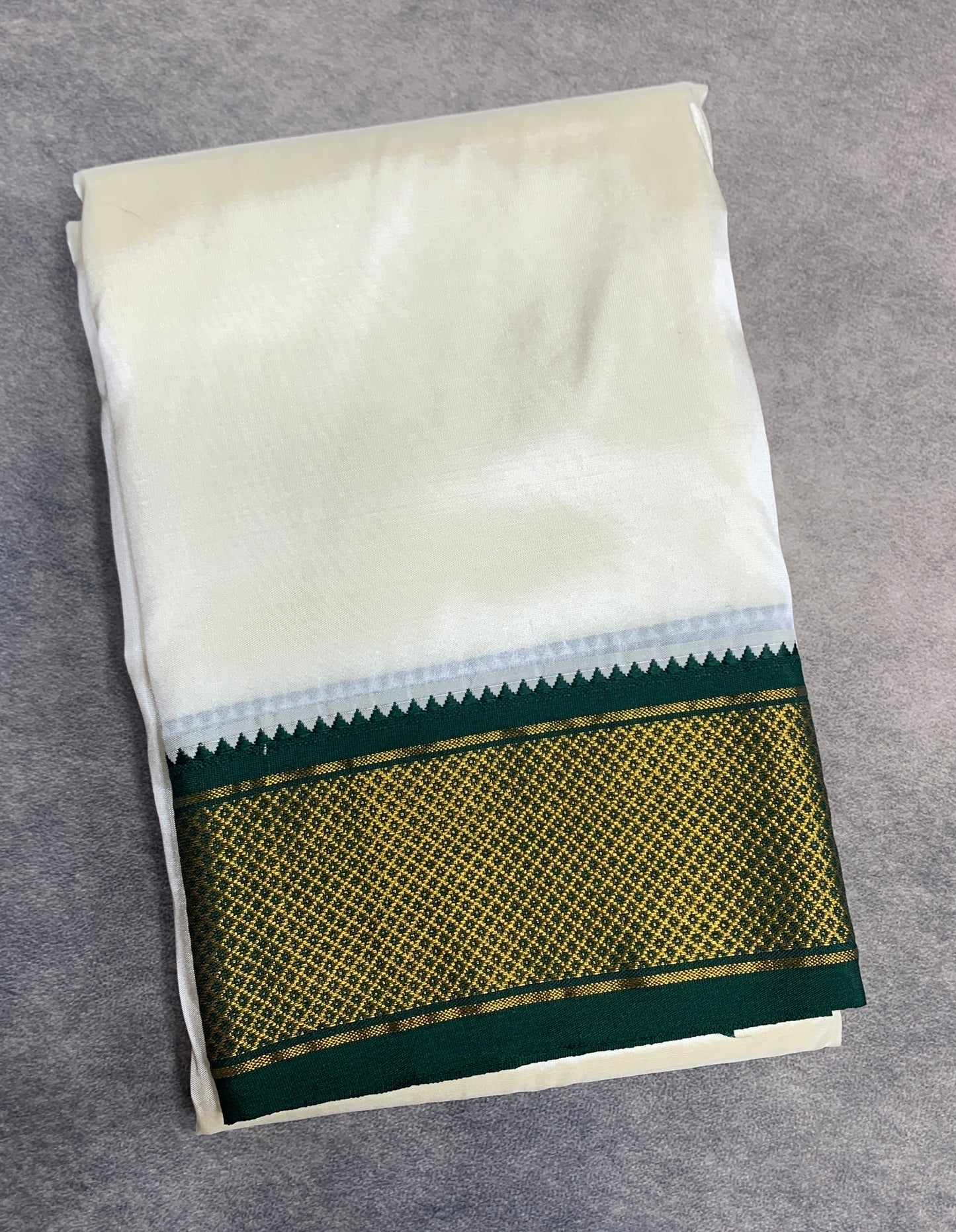 Art Silk Dhoti 8 Mulam Cream Colour with Large Ganga Jamuna( Green/Maroon) Border