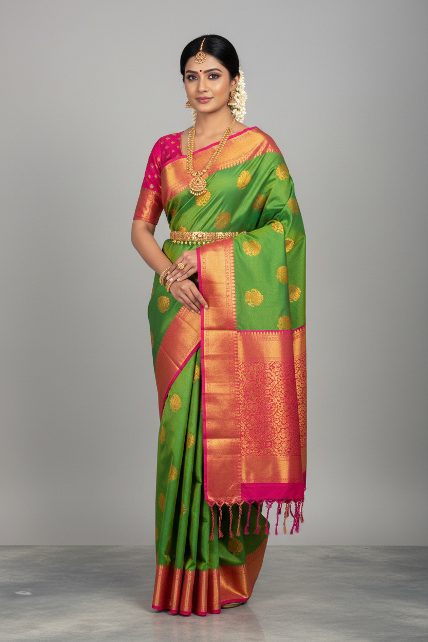 Soft Vegan Silk Saree Light Green Colour with Pink and Copper Border