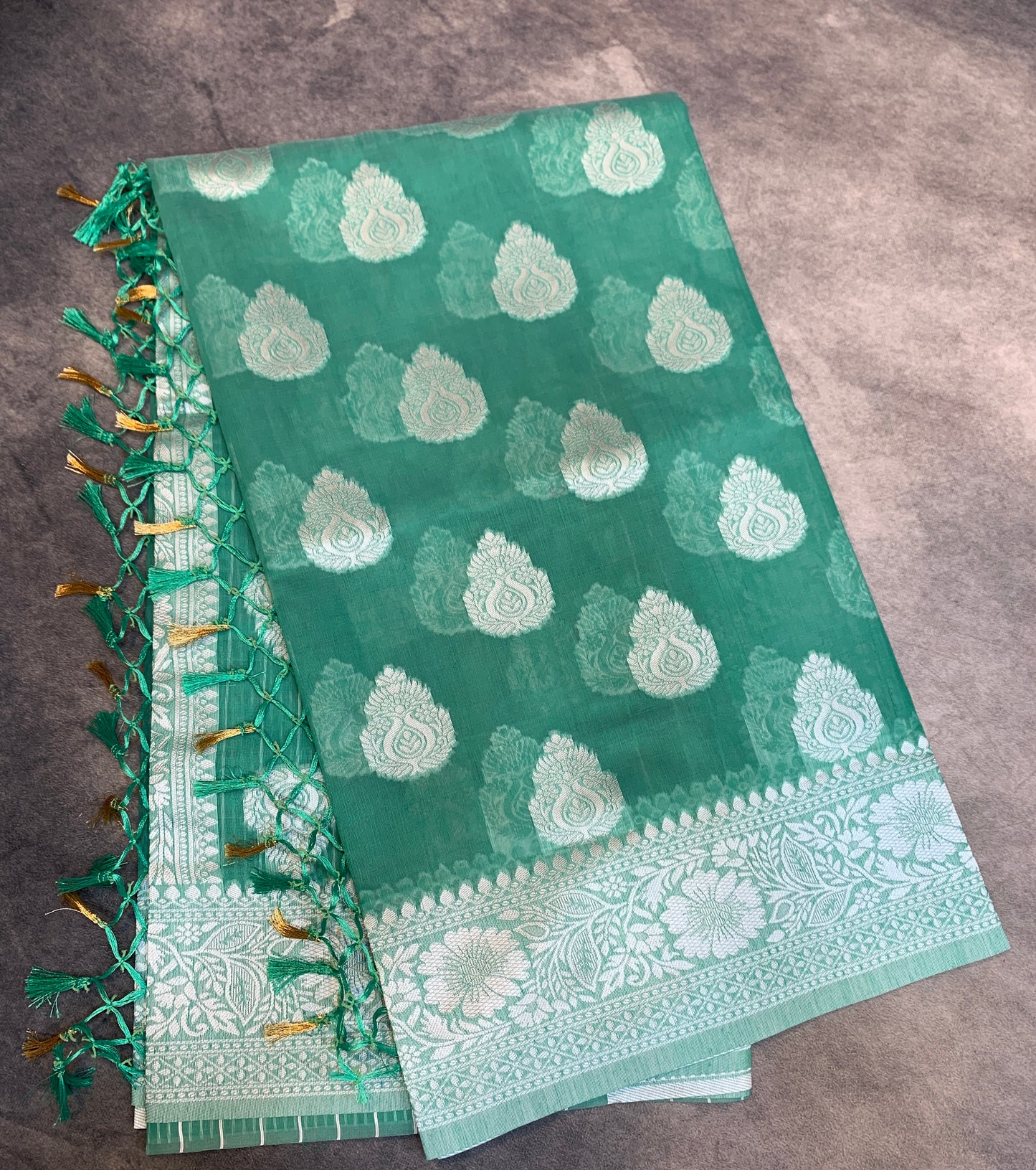 Banaras Katan Saree Light Green Colour with Katan Work Border
