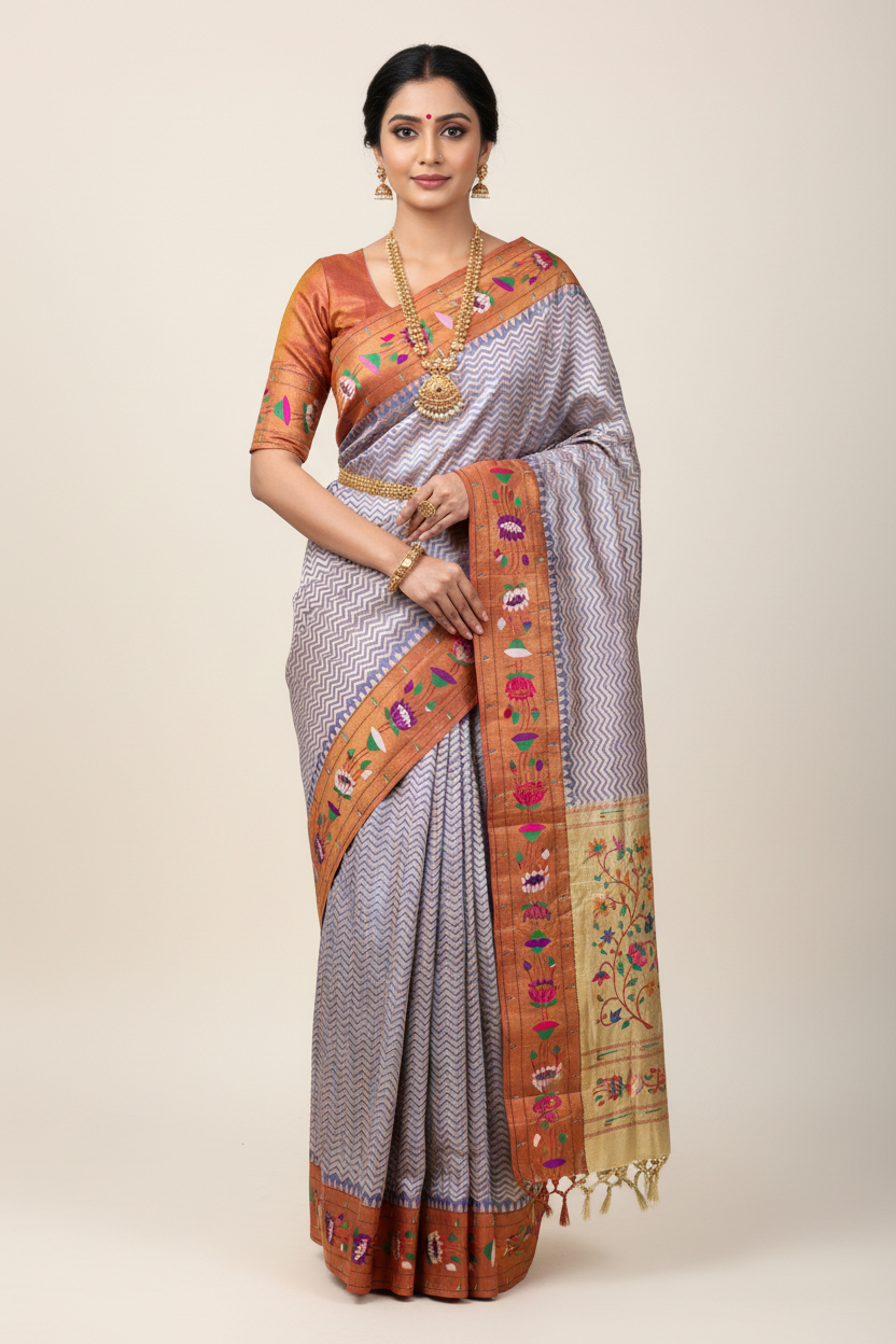 Paithani Pure Silk Saree Purple Colour with Copper Colour and Floral Design (Pre Order Available)