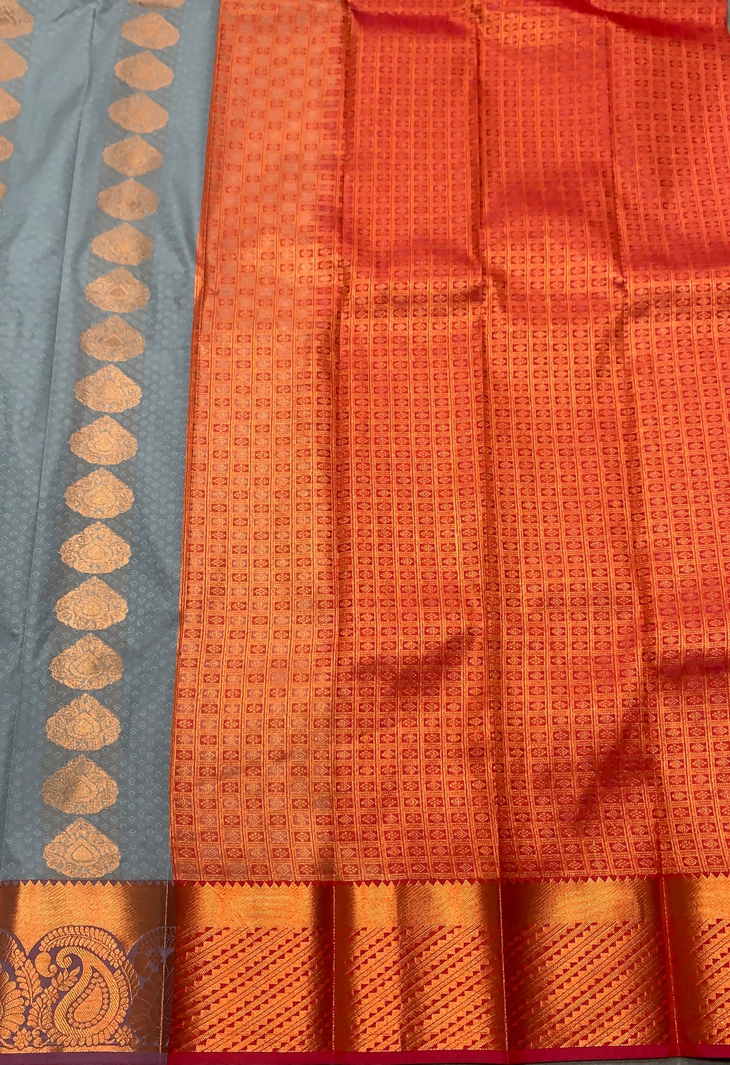 Vegan Silk Saree Gray Colour Saree with Copper Border