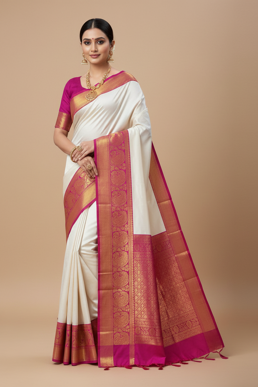 Pure Kanchipuram Silk Saree White Colour with Pink Colour Border