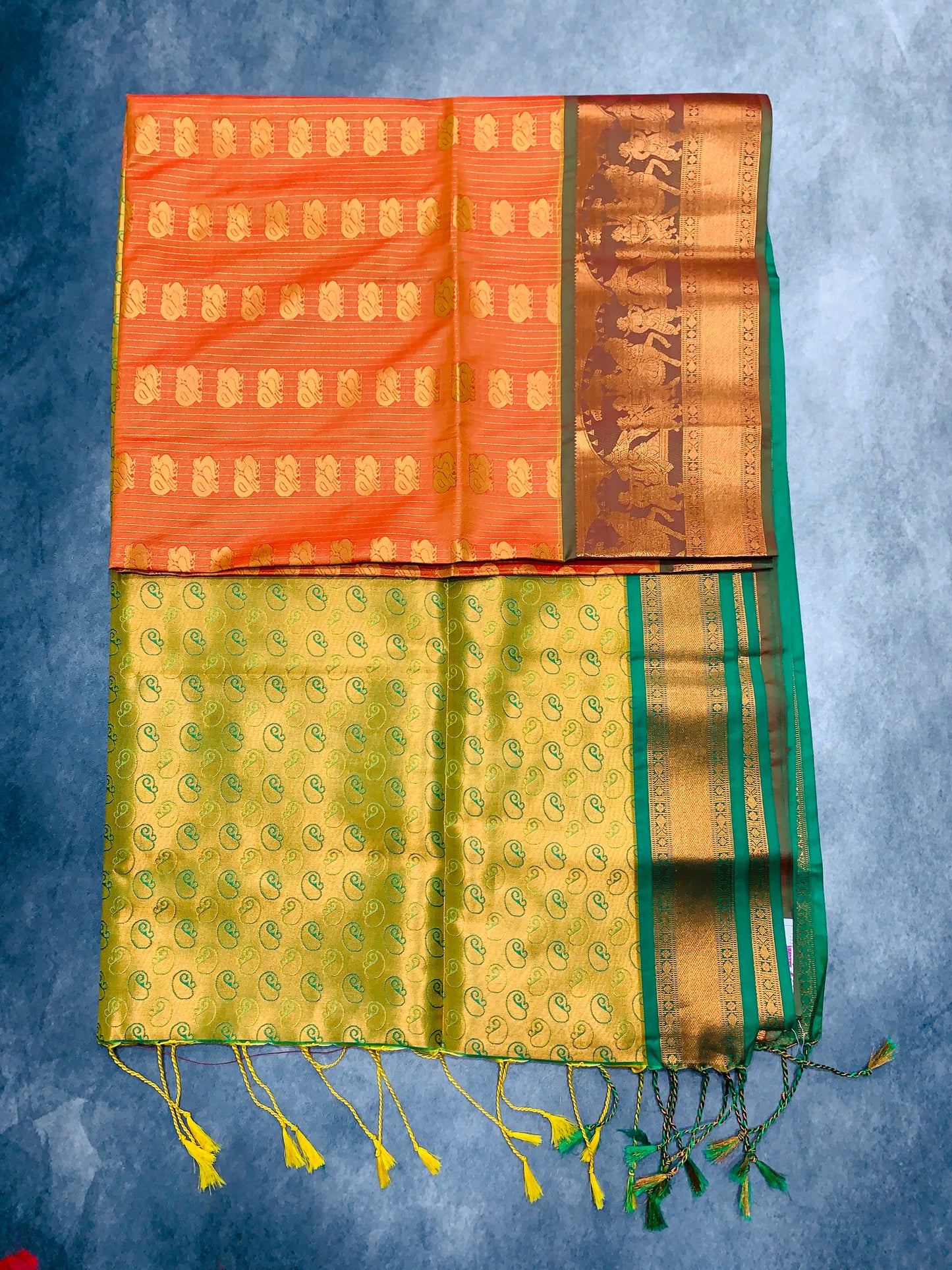 Soft Vegan Silk Saree Orange Colour with Green and Copper Border