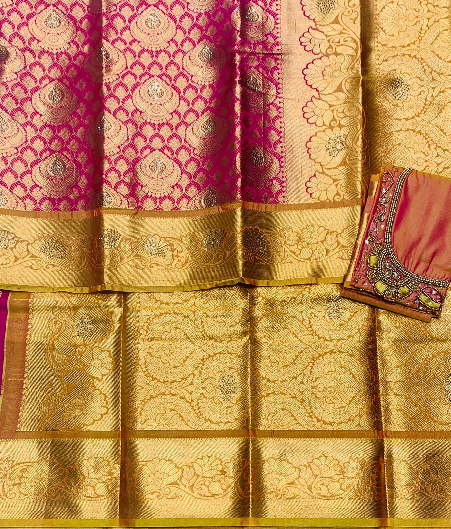 Bridal Vegan Silk Saree Pink shade with Golden Yellow Border with Unstitched blouse in Aari Work