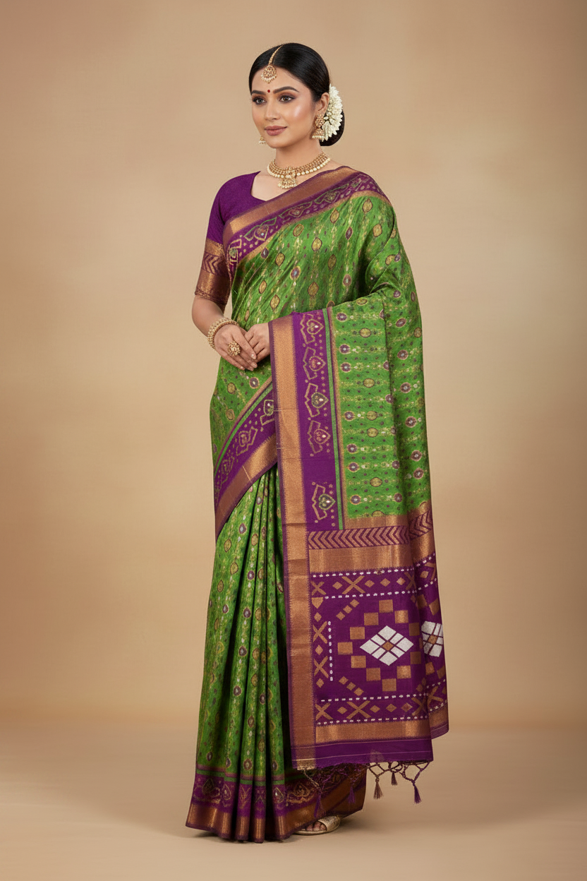 Pochampalli Semi Silk Saree Olive Green Colour with Magenta Border
