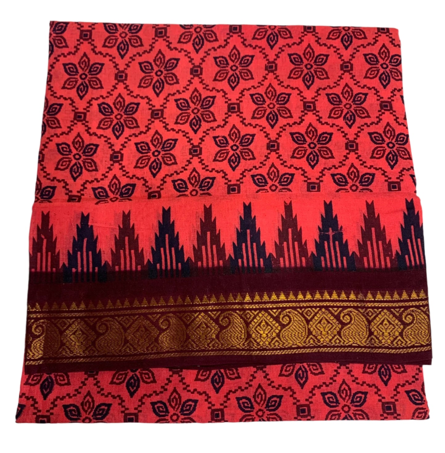 Chettinad Sungudi Cotton Tomato Red Colour with Brown Border