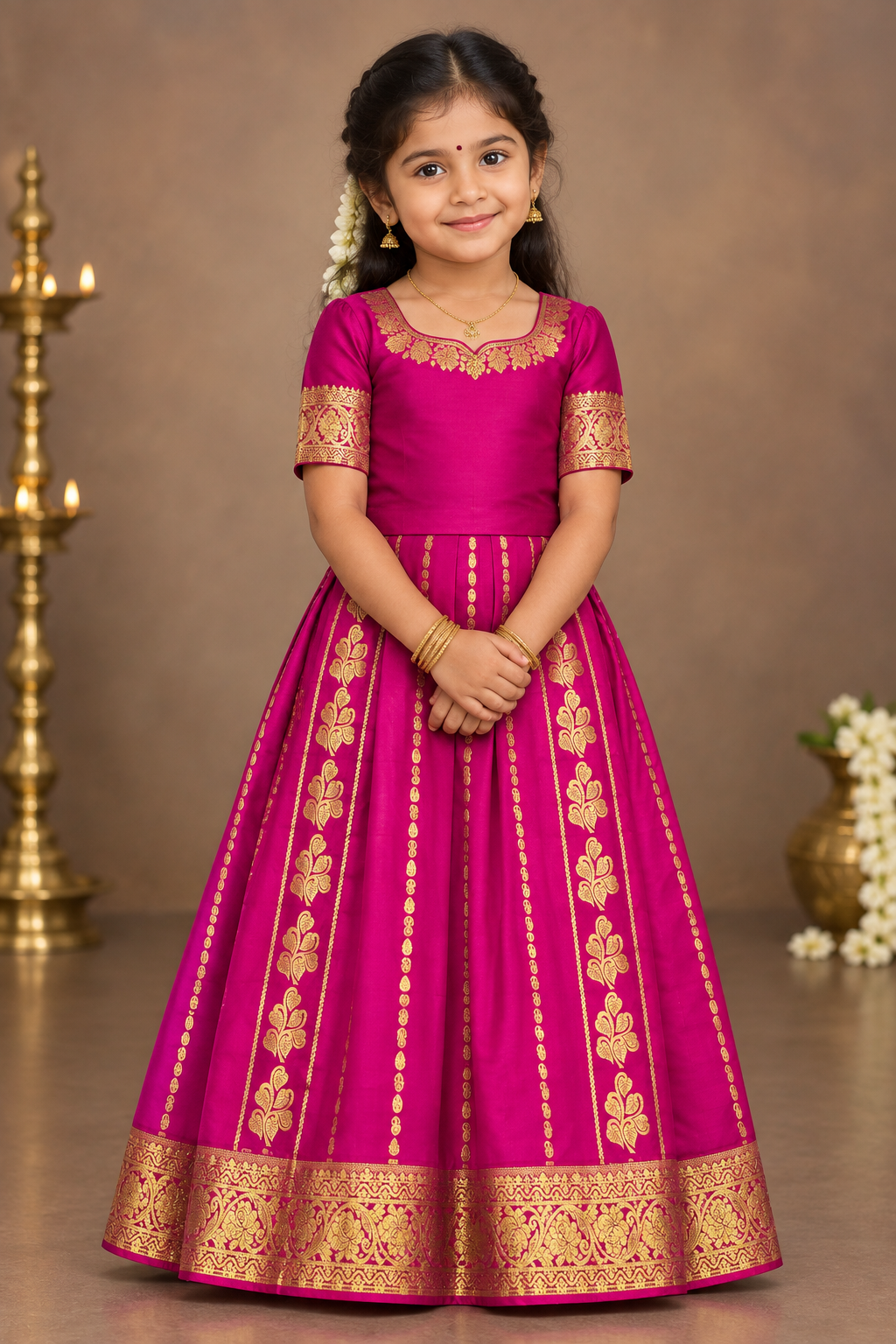 Pink Shade Semi silk Kids Pattu Pavadai with Contrast border for age 5 to 10