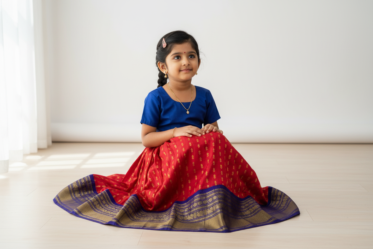 Red shade Pure Kanchipuram Kids Pattu Pavadai with Contrast border for age 2 to 5