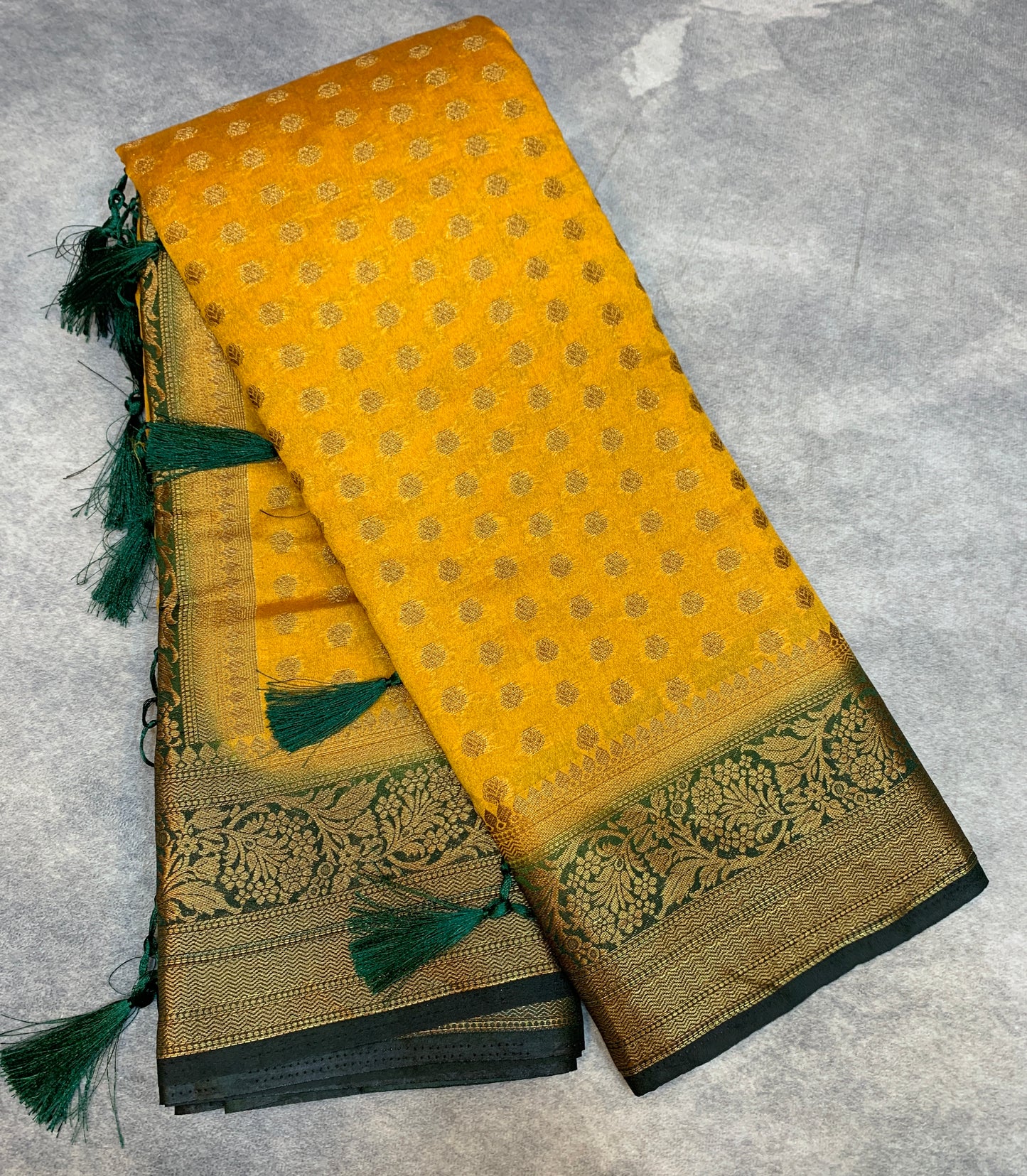 Crepe Saree Mustard Colour with Green Border