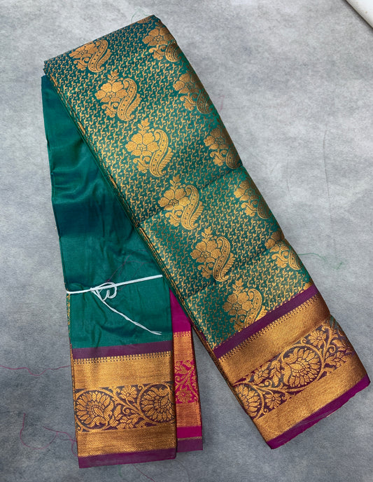 Vegan Silk Saree Green Colour with Copper and Magenta Border