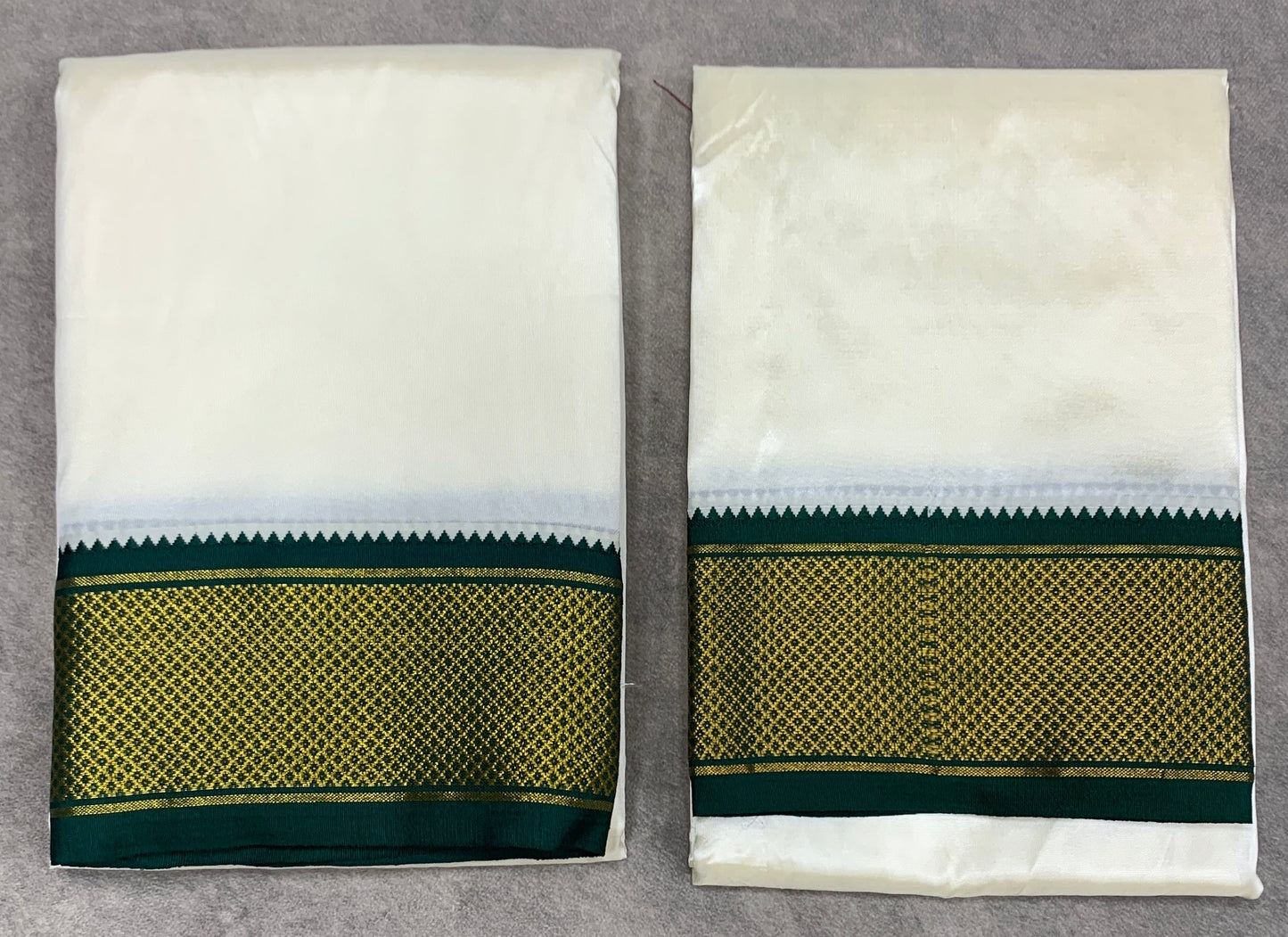 Art Silk Dhoti 8X4 Cream with Large Ganga Jamuna(Green/ Maroon) Border