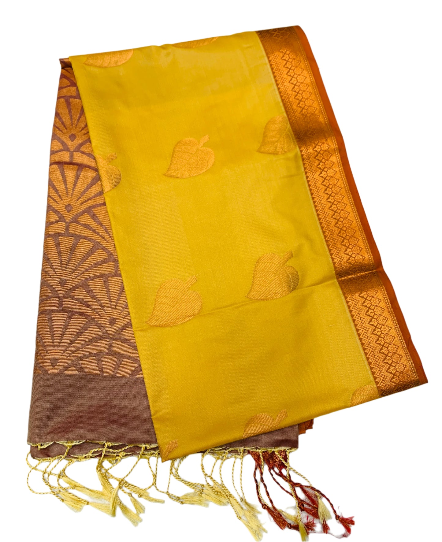 Soft Vegan Silk Saree Yellow Colour with Copper Border