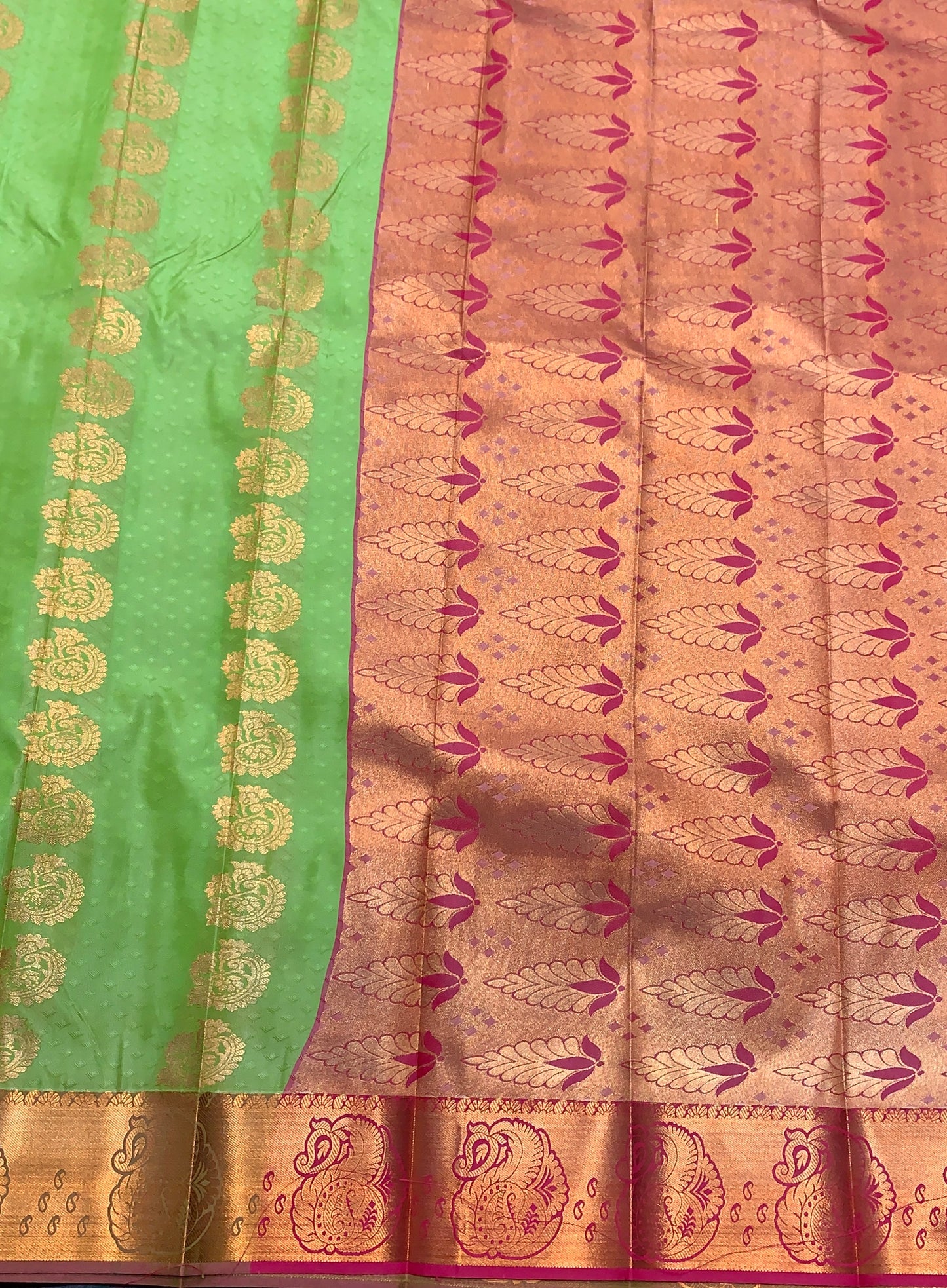 Vegan Silk Saree Apple Green Colour Saree with Copper Border