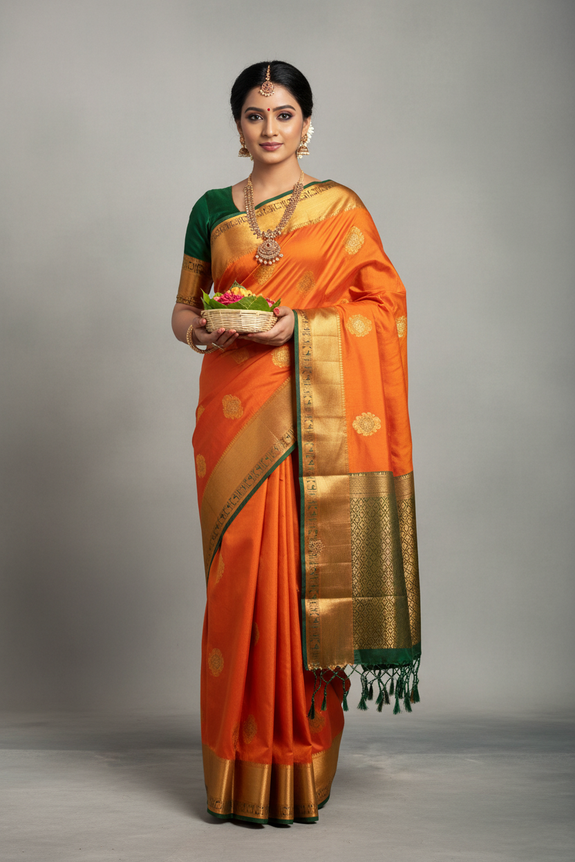 Soft Vegan Silk Saree Orange Colour with Brown and Copper Border