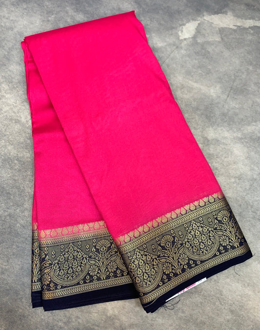 Crepe Saree Baby Pink Colour with Navy Blue Border