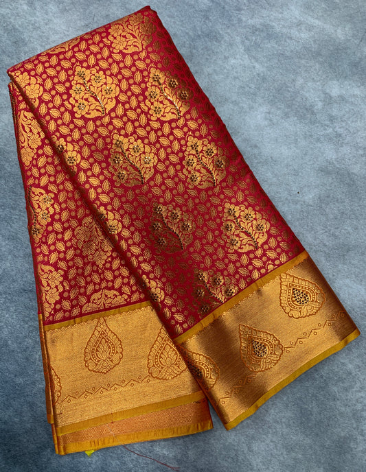 Vegan Silk Saree Redish Pink Colour with Copper and Golden Yellow Border