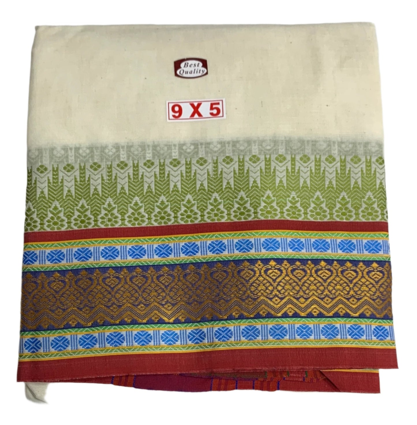 9X5 Cotton Unbleached Dhoti with Angavastram with Multi Colour Border