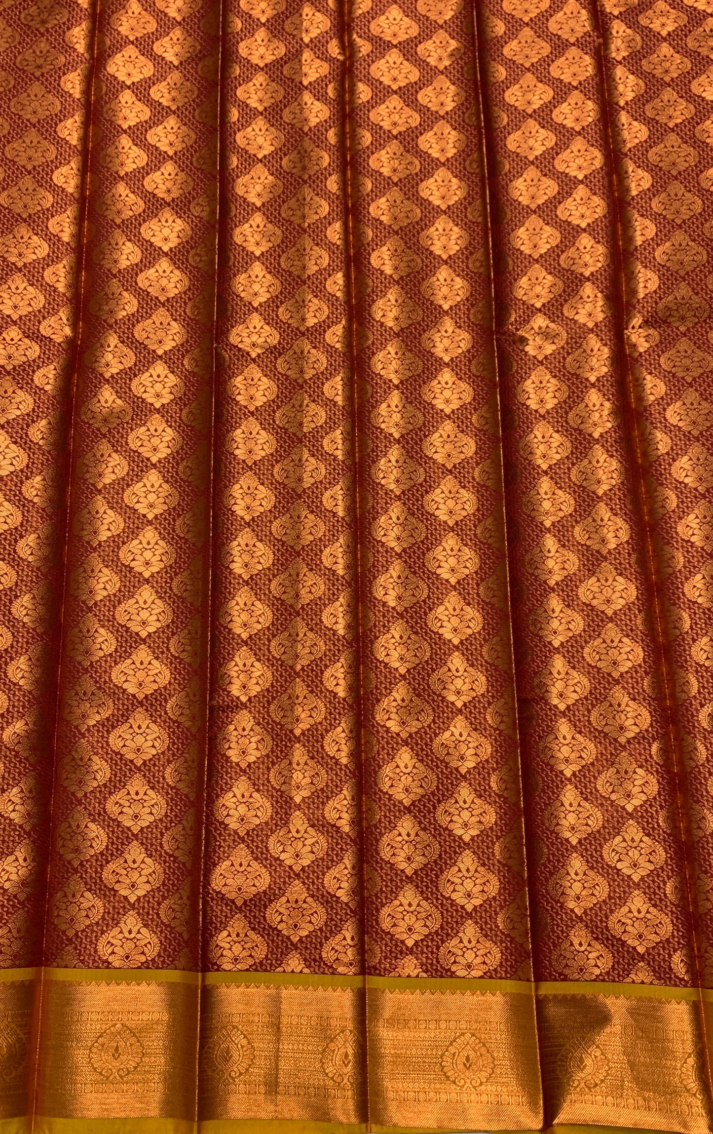 Vegan Silk Saree Maroon Colour with Copper and Golden Yellow Colour Border