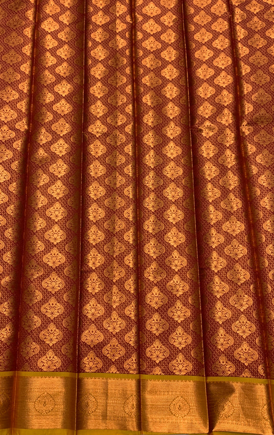 Vegan Silk Saree Maroon Colour with Copper and Golden Yellow Colour Border