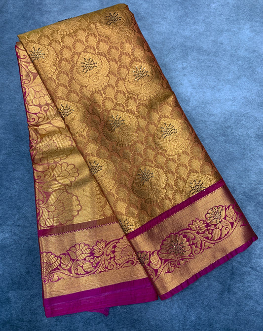 Vegan Silk Saree Golden Yellow Colour with Copper and Pink Border