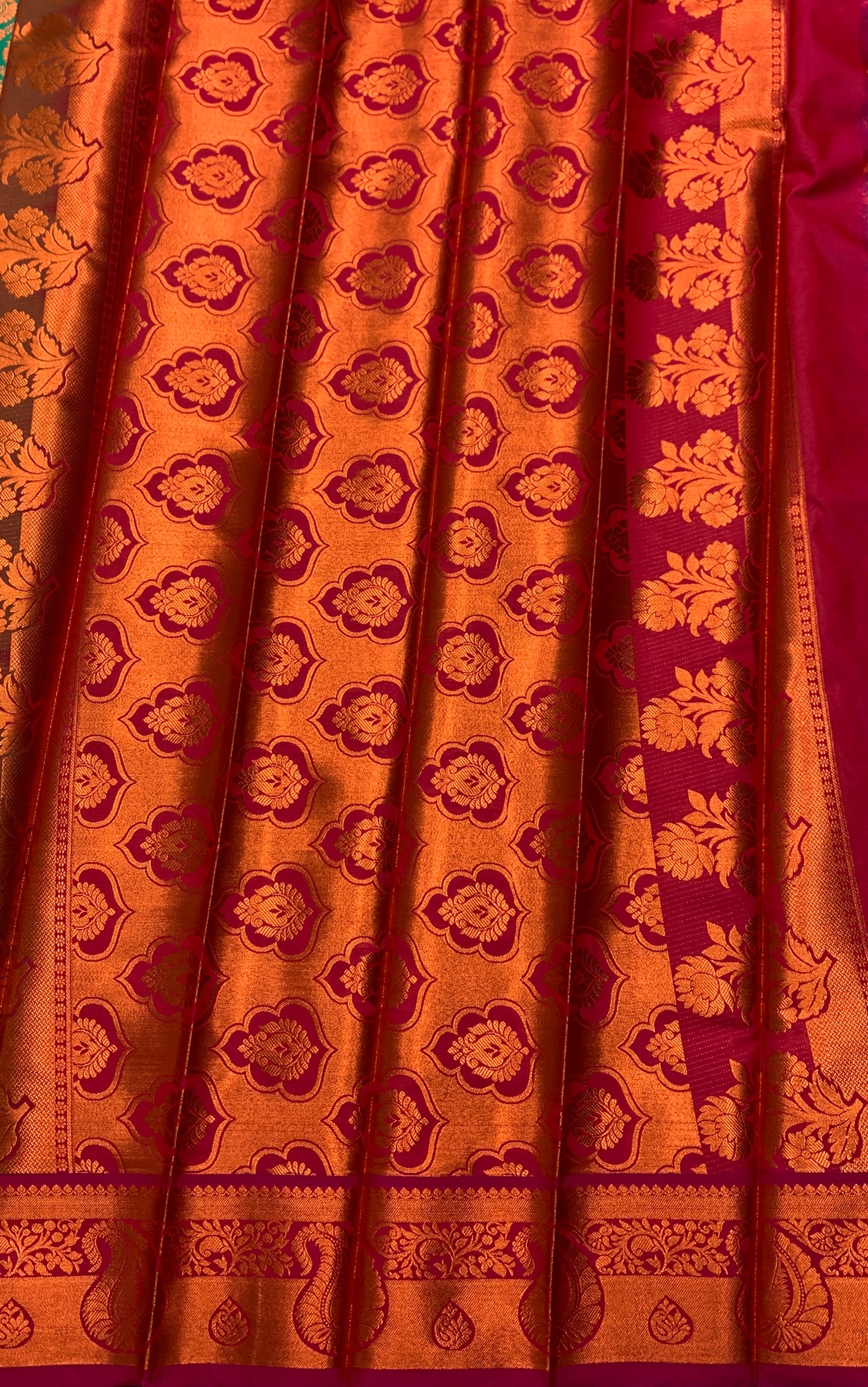 Vegan Silk Saree Green Colour with Copper and Magenta Border
