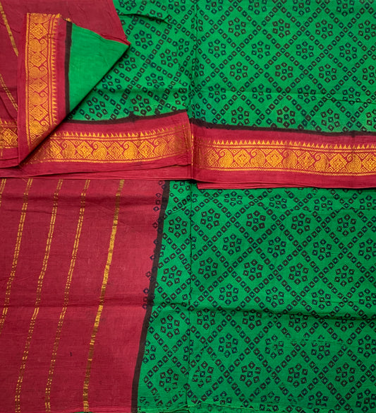Chettinad Sungudi Cotton Light Green Colour with Red Colour Border