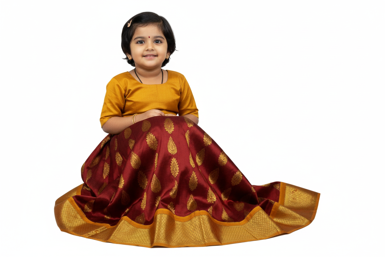 Brown Shade Pure Kanchipuram Kids Pattu Pavadai with Contrast border for age 2 to 5