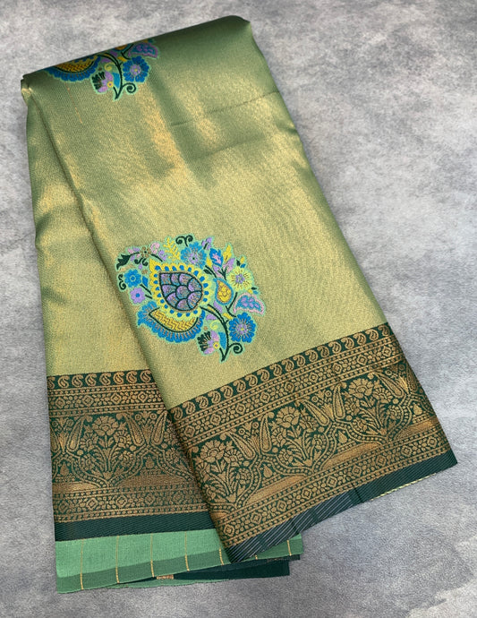 Fancy Tissue Saree Green Colour with Self Border