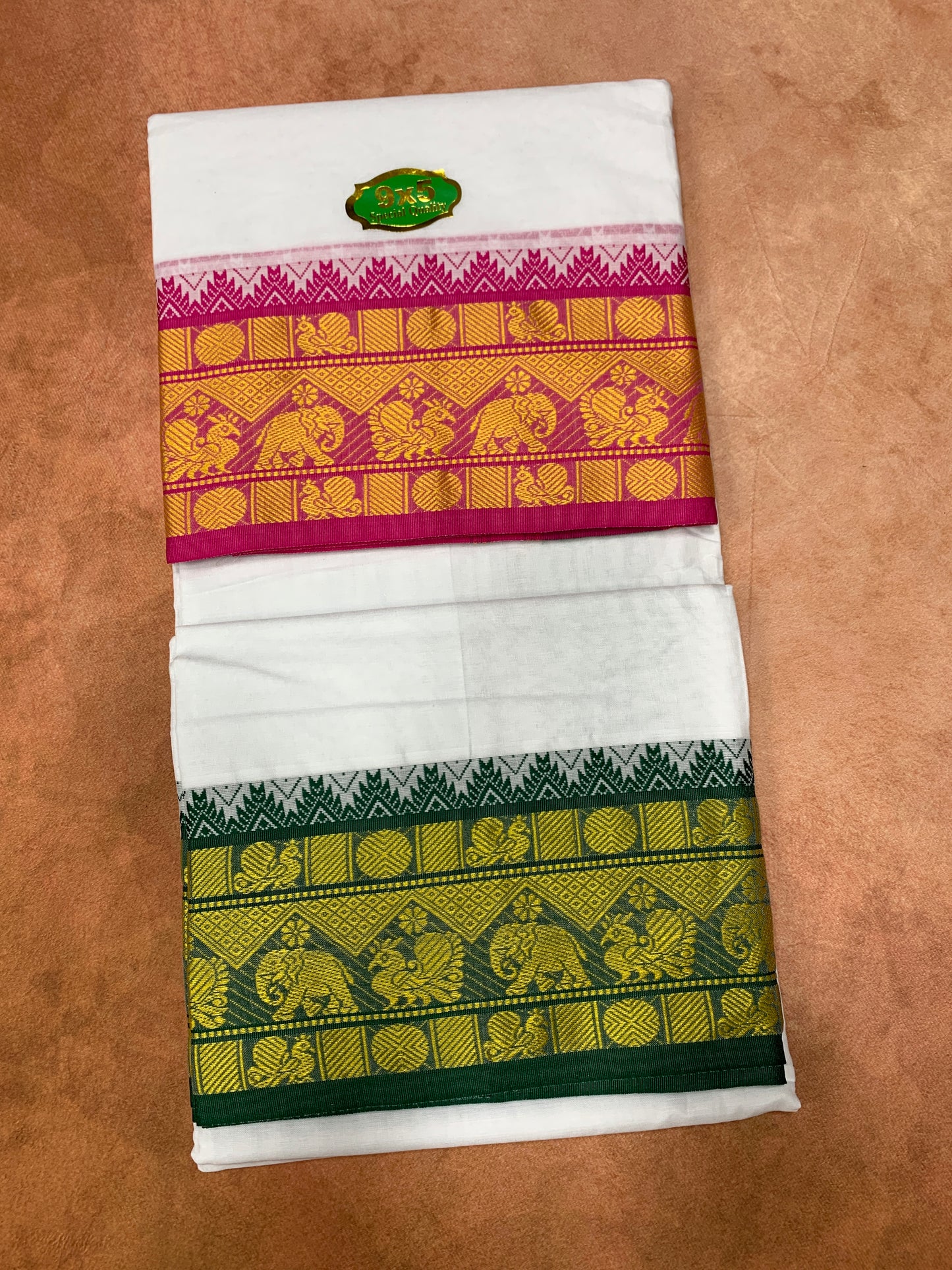9X5 Cotton Dhoti White with Pink and Green Ganga Jamuna Border