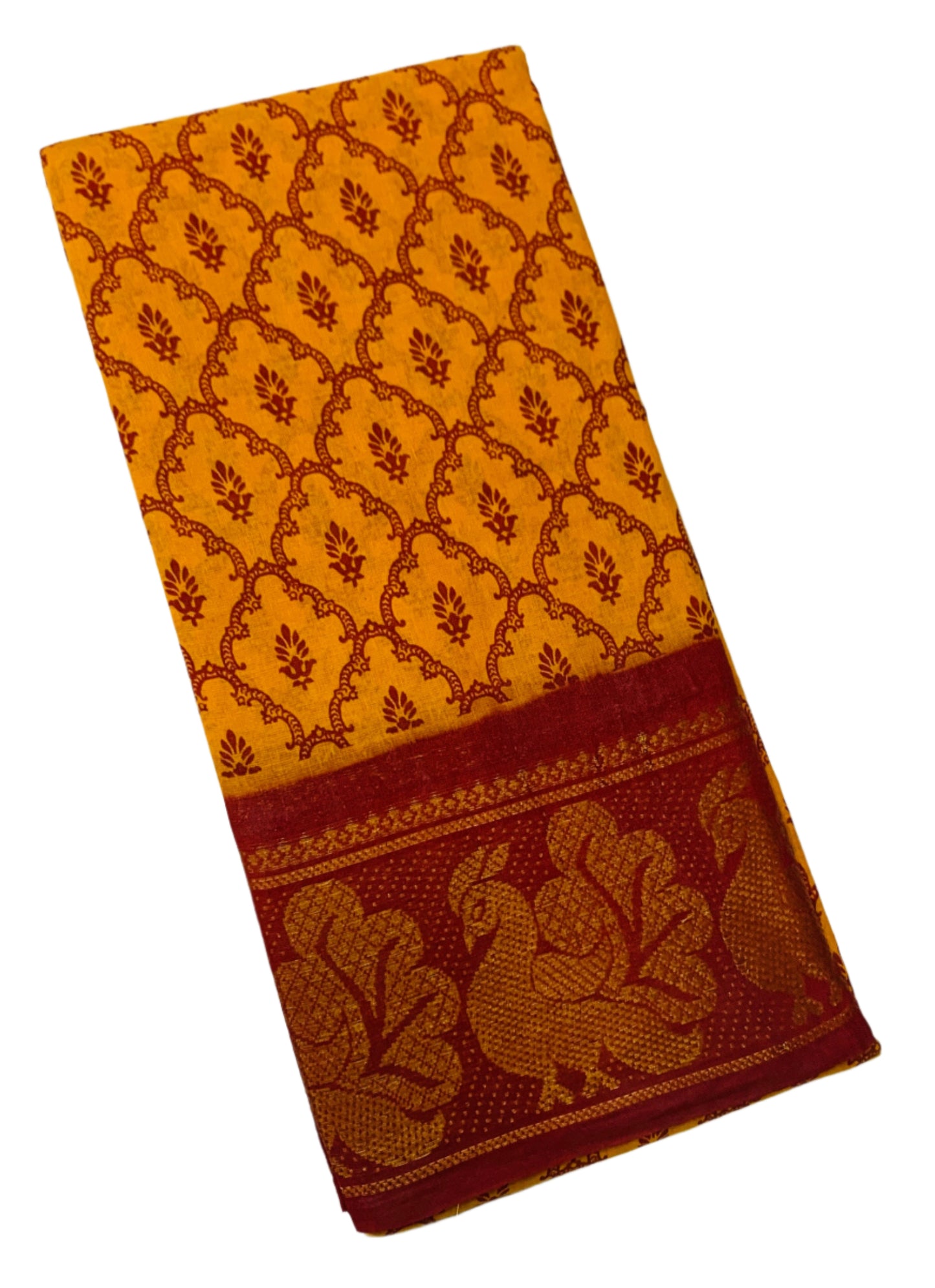Chettinad Sungudi Cotton Mustard Colour with Maroon Border