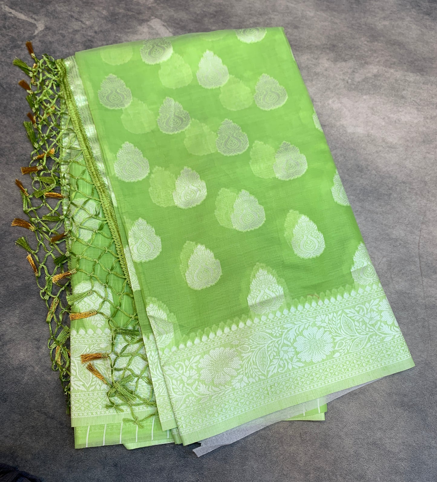 Banaras Katan Saree Apple Green Colour with Katan Work Border
