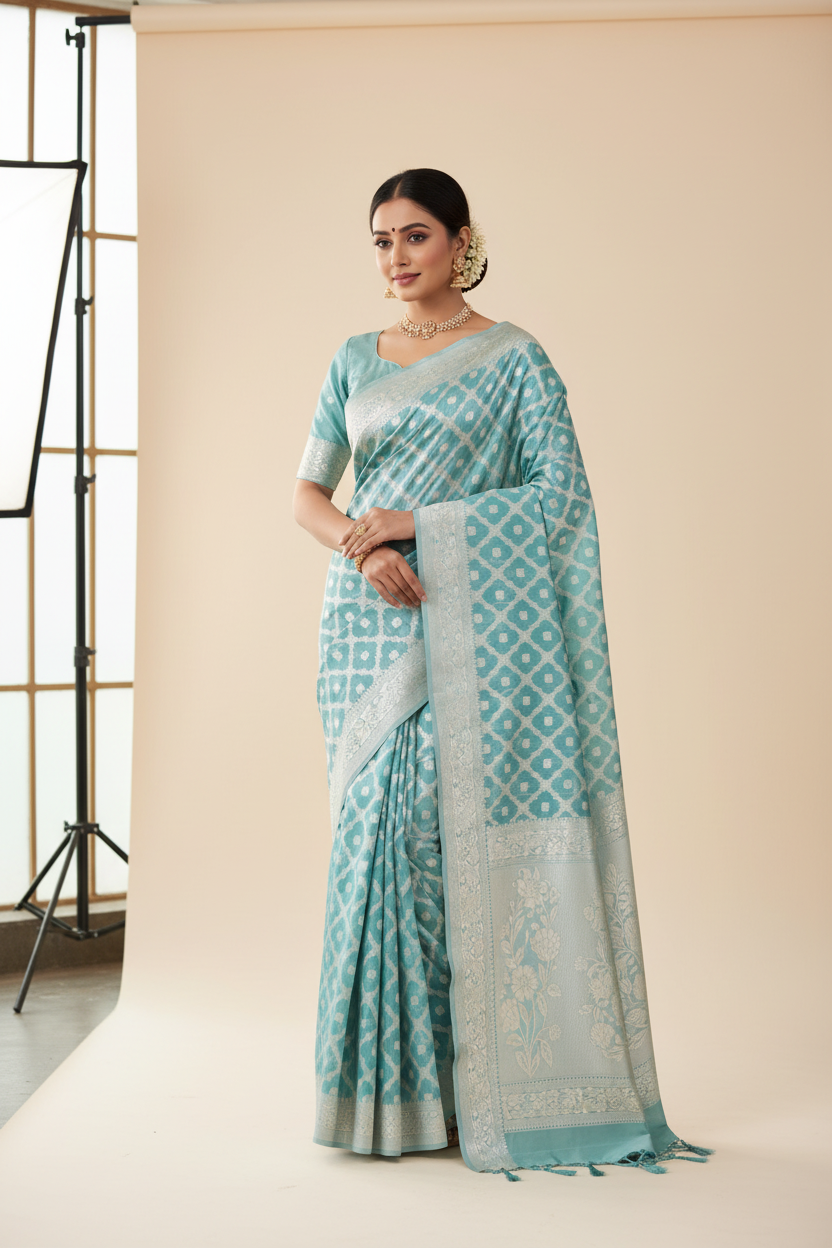 Banaras Katan Saree Sky Blue Colour with Katan Work Border