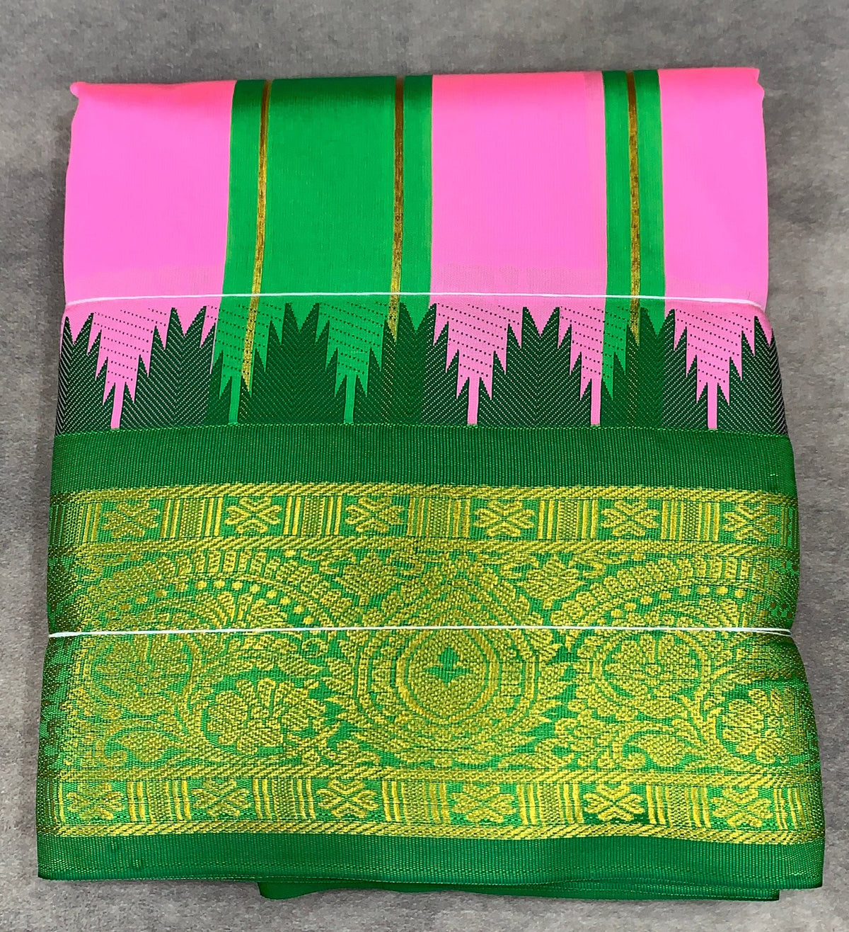 Art Silk Dhothi 9X5 Baby Pink Colour with Green and Brown Colour Ganga Jamuna Border